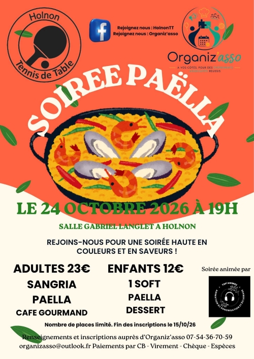 Soirée paëlla du club de tennis de table d'Holnon le 24 octobre 2026