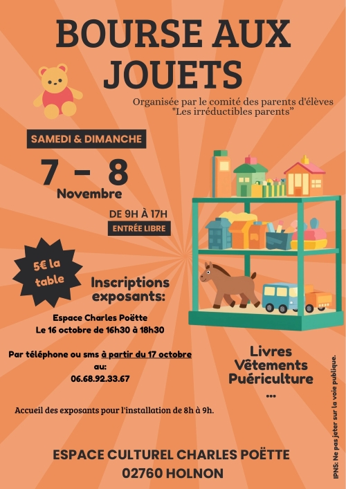 Bourse aux jouets à Holnon les 7 et 8 novembre 2026